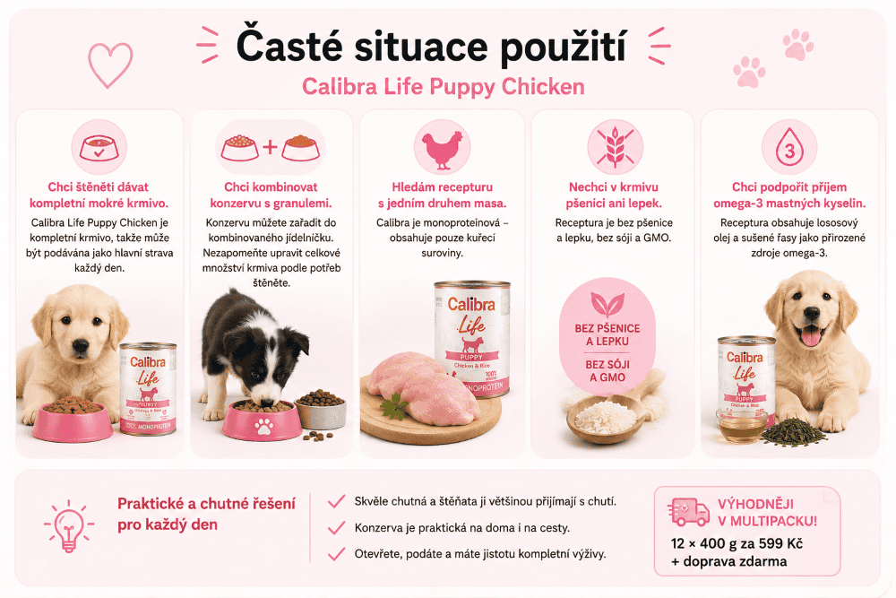 Calibra Life Puppy kuře Časté situace použití krmiva pro štěňata